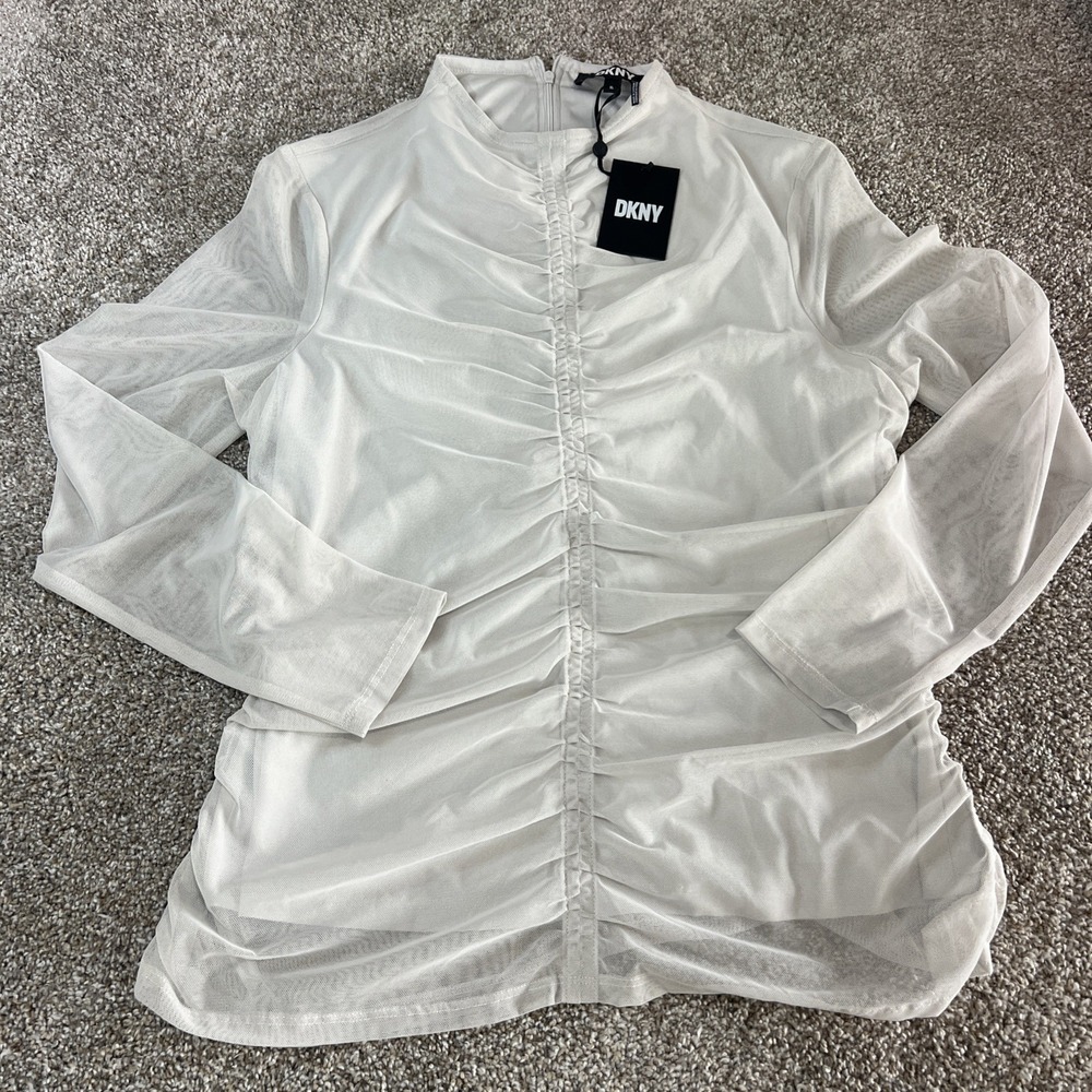 DKNY Women's Long Sleeve Shirred Front Mesh Top Size L NWT back zipper